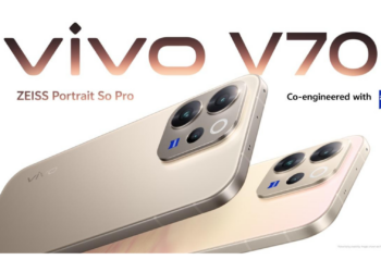 Advertisement for Vivo V70 smartphone featuring ZEISS camera system, with two gold phones angled diagonally to highlight the rear camera module.