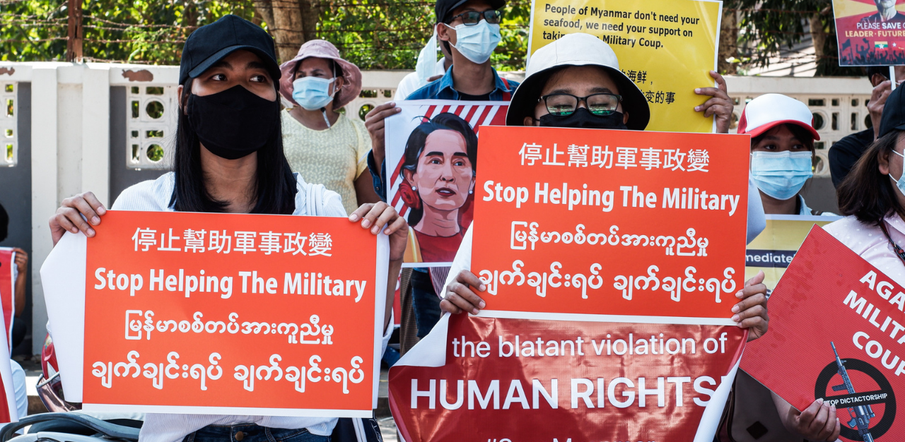 Myanmar nationals protesting against the military coup.