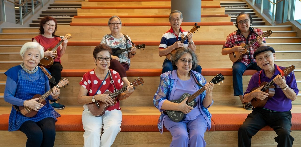 Shamimah Mujtaba with members of the Tampines Uke Jammers