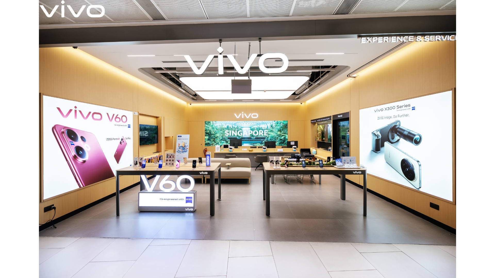 Vivo showroom interior with large illuminated Vivo sign and product ads on side walls.