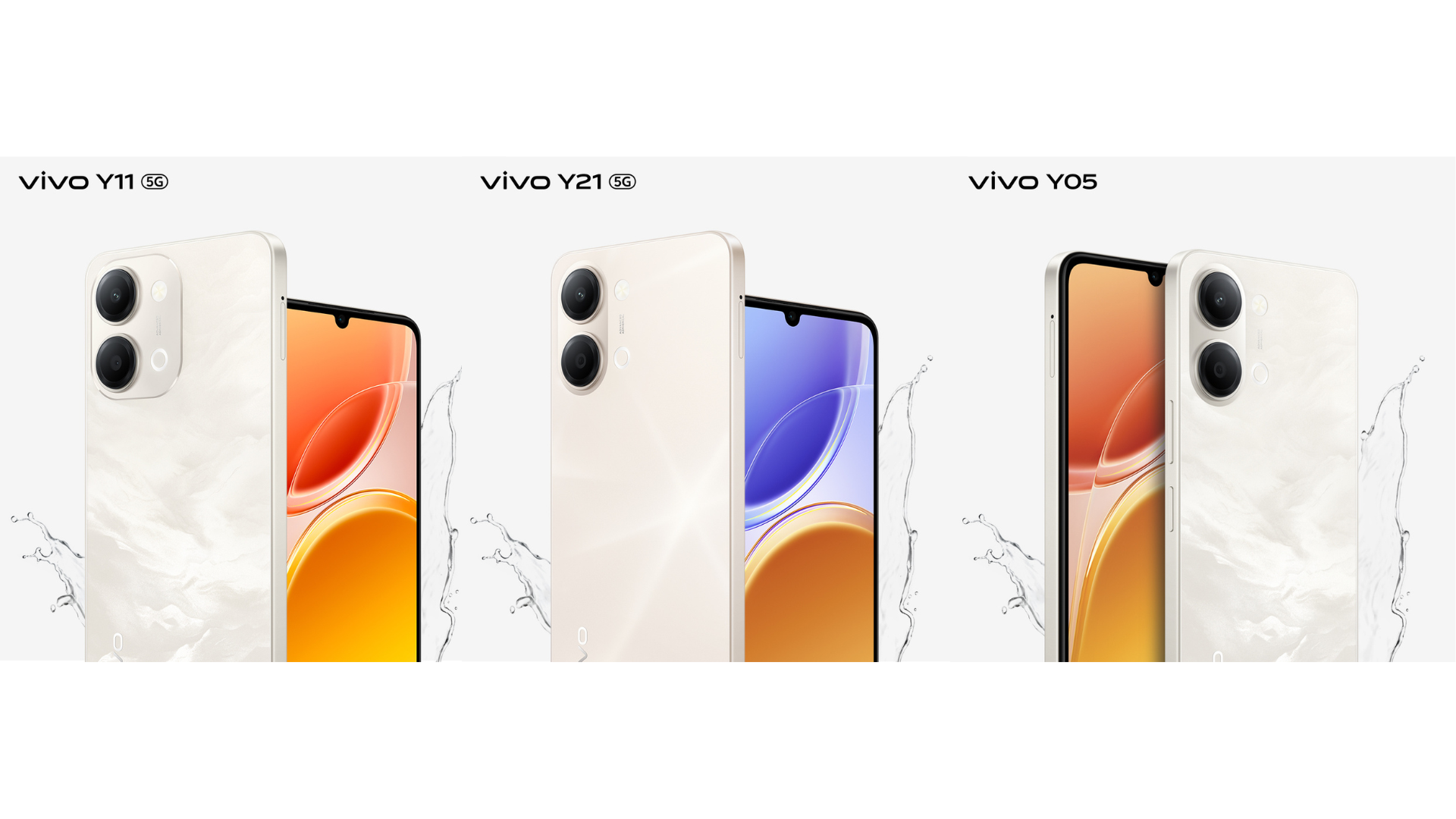 Vivo smartphone lineup banner featuring Y11, Y21, and Y05 models shown left to right with water splash background.