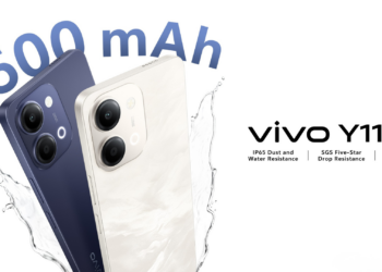 Two Vivo smartphones (blue and white) angled with a splash of water and a bold '6500 mAh' emphasis, advertising the Vivo Y11 5G model .