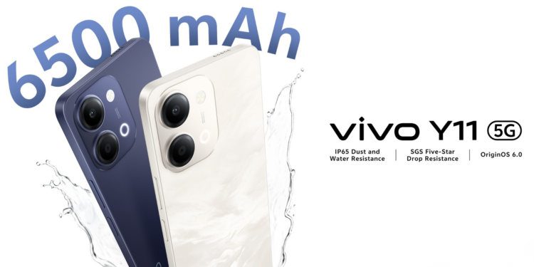 Two Vivo smartphones (blue and white) angled with a splash of water and a bold '6500 mAh' emphasis, advertising the Vivo Y11 5G model .